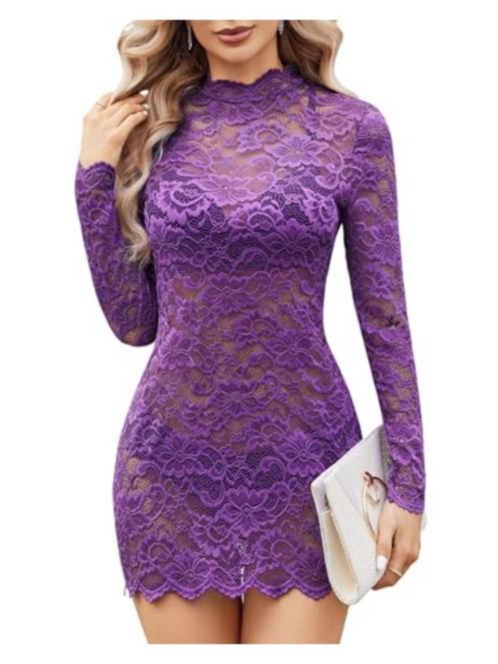 Sheer Floral Lace Long Sleeve Mini Dress See Through Bodycon Mock Neck